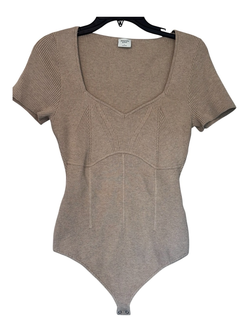 Abercrombie & Fitch Taupe Ribbed Square-Neck Short-Sleeve Bodysuit